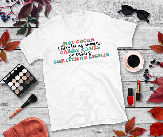 Hot Cocoa, Christmas Movies, Candy Canes, Sweaters, Christmas Lights Sublimation Transfer